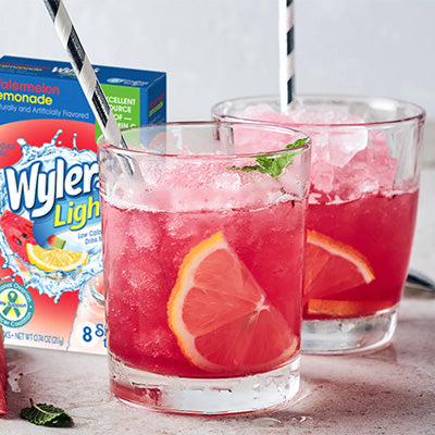 two glasses of Wyler's Light watermelon lemonade